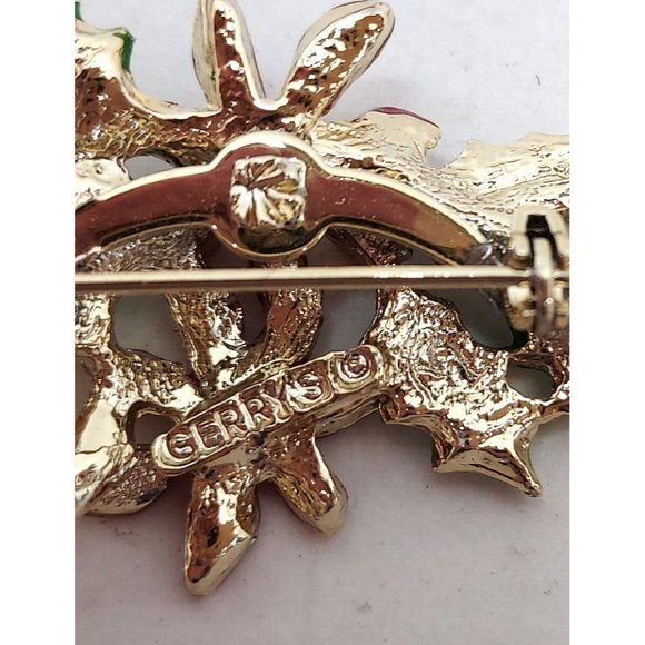 Pin Poinsettias and Holly Enameled on Gold tone Ribbon ©Gerry Christmas - Picture 3 of 3